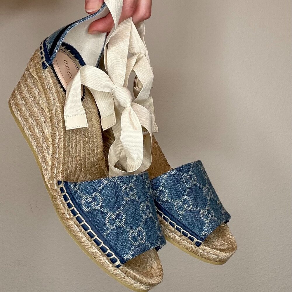 Gucci Denim & Raffia Wedge Heels